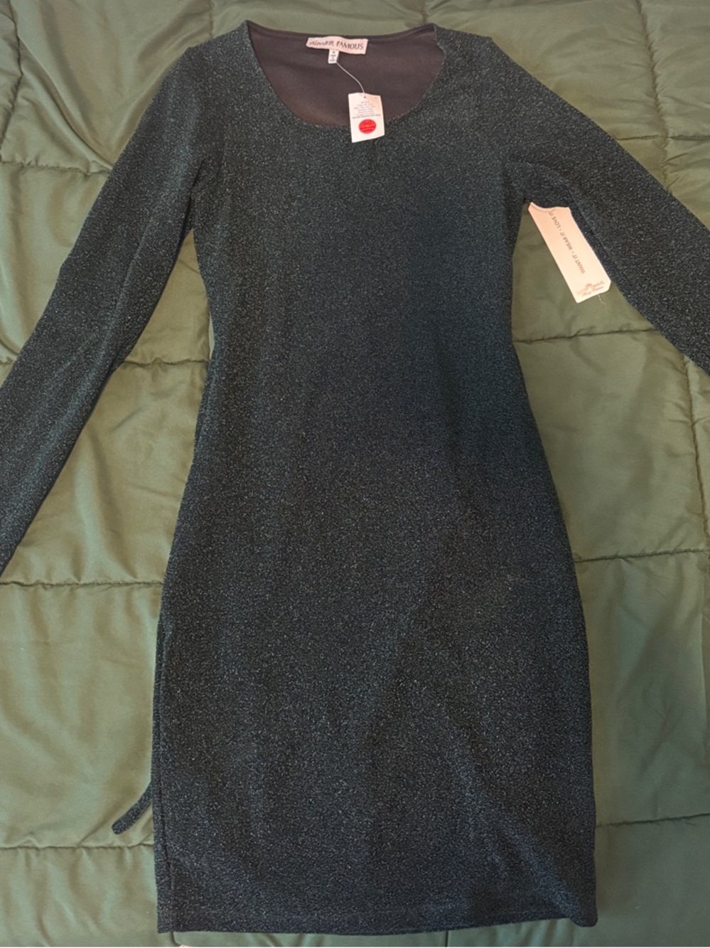 Dark Green Long Sleeve Sparkle Bodycon Dress